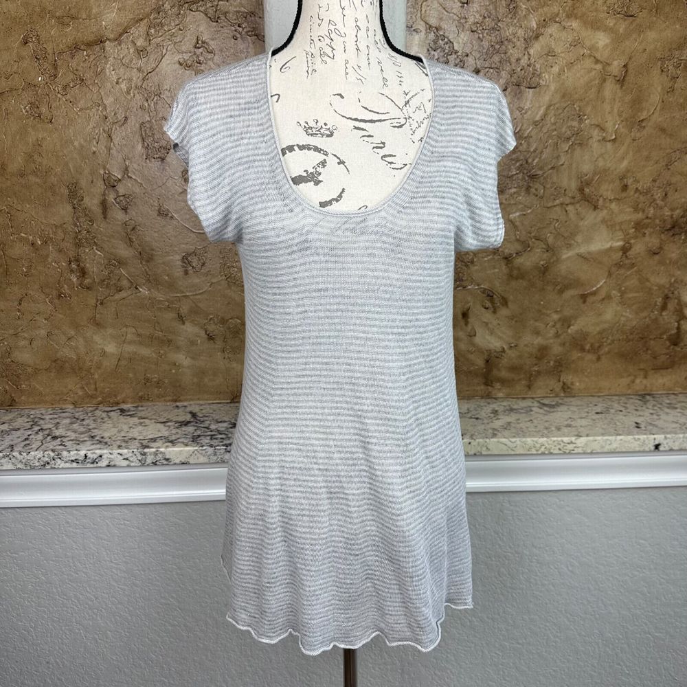 Eileen Fisher Short Sleeve Italian Linen Knit Top Shirt Gray Medium M Light